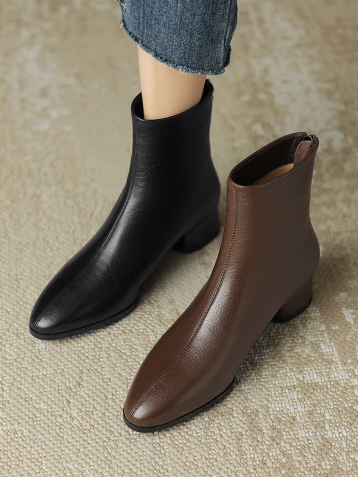 rln全羊皮粗跟短靴女秋冬新款踝靴真皮中跟棕色加绒马丁靴3.