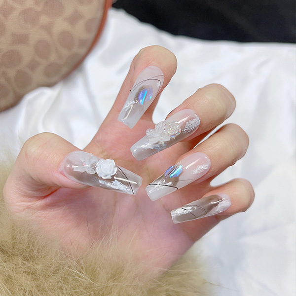 纯手工穿戴甲冰透色长款山茶花高级感渐变美甲-阿里巴巴