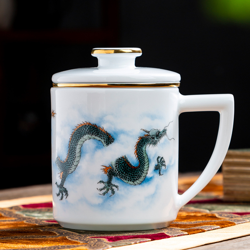 陶瓷手绘十二生肖中国龙描金茶杯中式泡茶杯过滤茶水带茶漏礼品杯