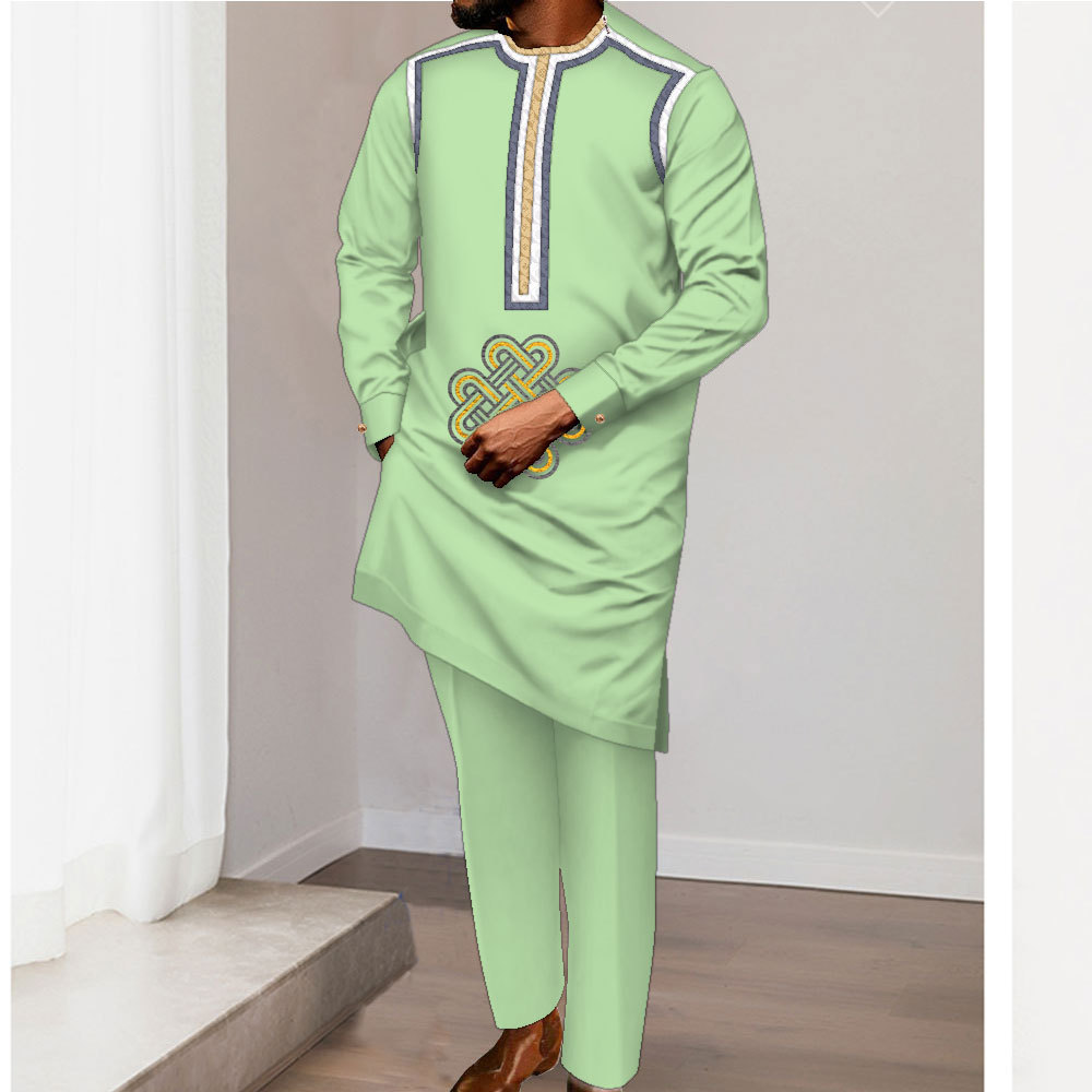 亚马逊货源非洲男士长袍上衣和裤子两件套绣花男士套装多色可选