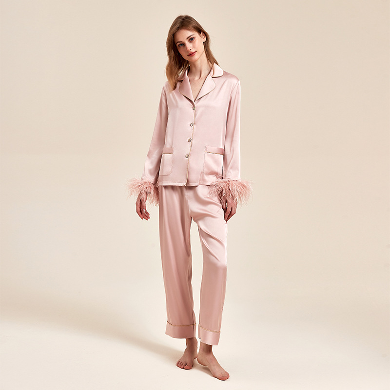 Berinvmeng? Spring New Detachable Feather Ice Silk Pajamas Women's Spring and Autumn High-Grade Ostrich Feather Homewear Suit