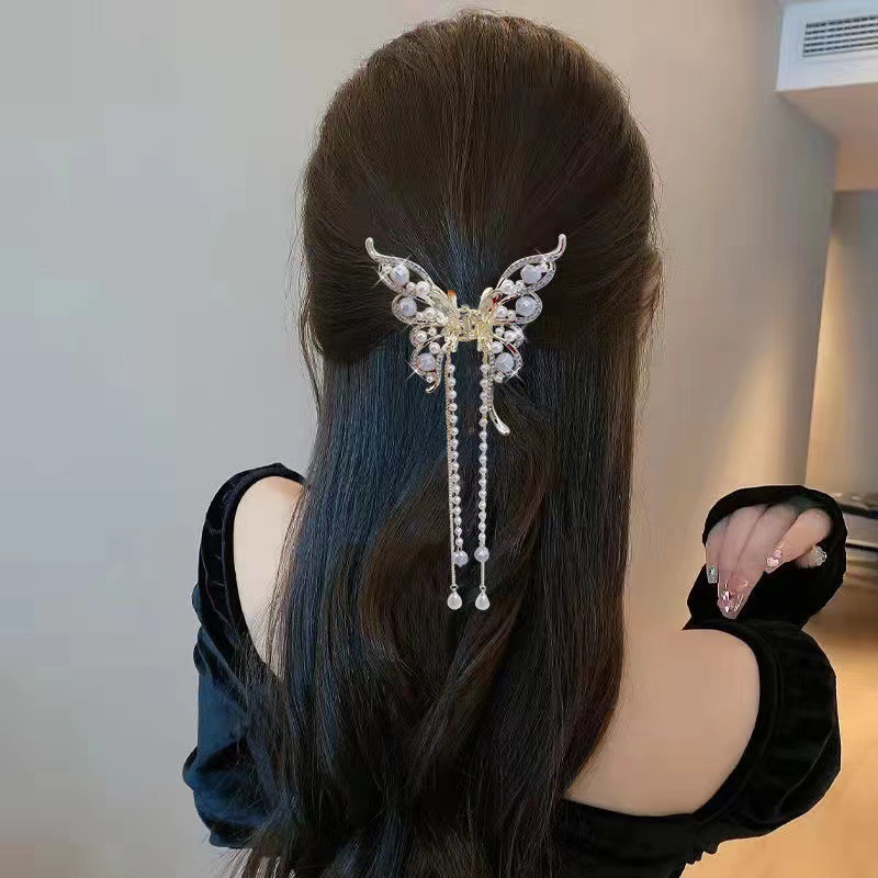Elegant Hollow Rhinestone Pearl Butterfly Tassel Claw Clip Summer Metal Barrettes Women's Back Hairpin Hair Jaw Clip