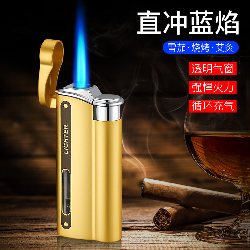 dk7701小巧便携长条直冲防风蓝色火焰打火机金属机身可视气窗