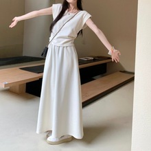 韩系时尚套装女秋季白色褶皱掐腰短袖T恤气质显瘦a字半身裙两件套