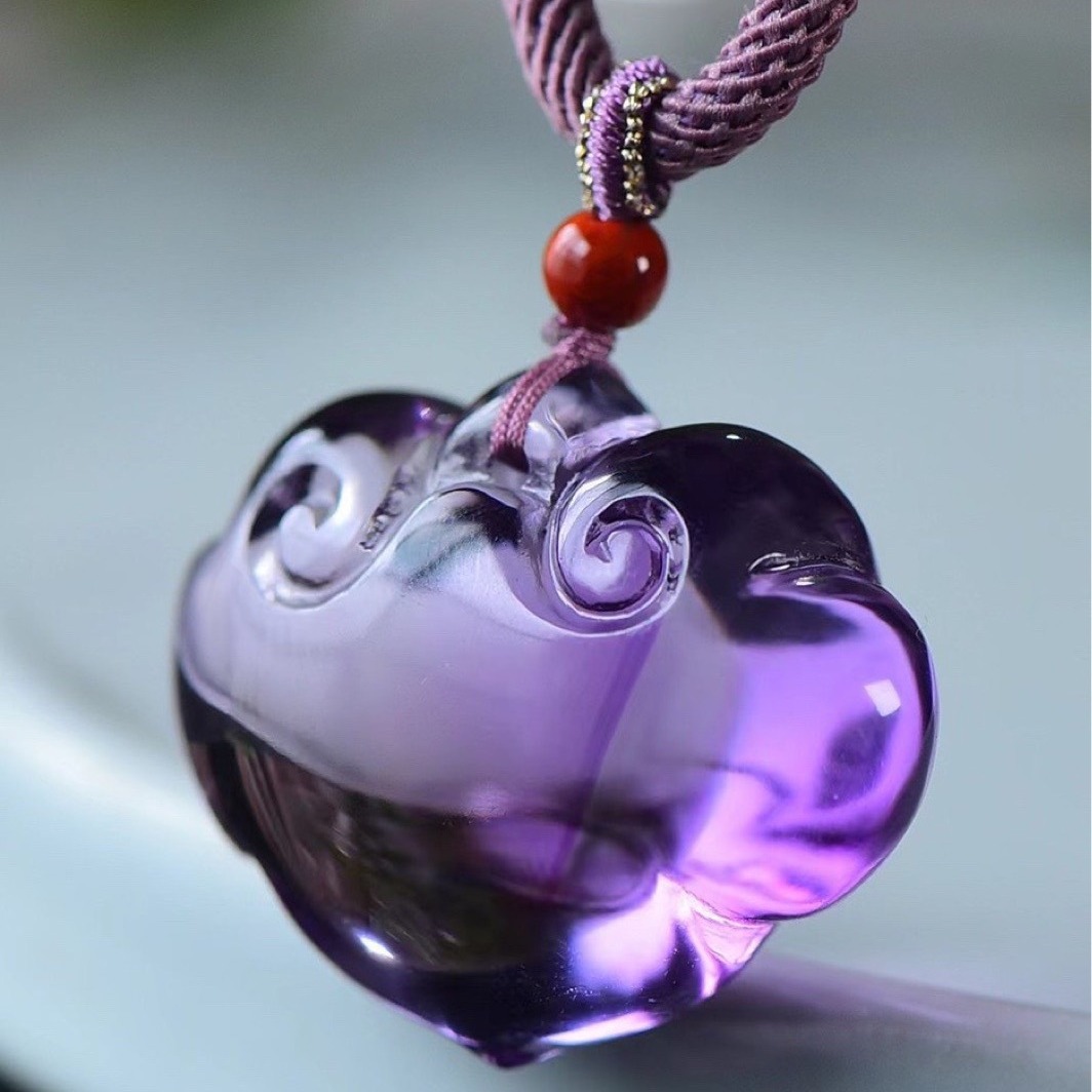 九紫离火项坠 高档手工精雕天然紫水晶如意锁吊坠项链 毛衣链饰品