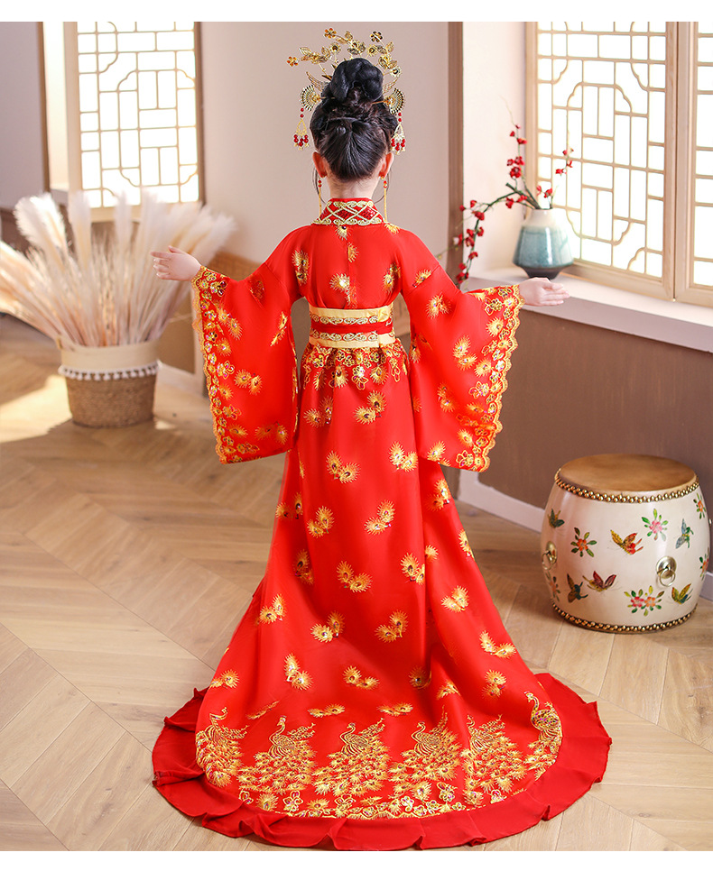 新款女童贵妃拖尾古装儿童汉服唐朝仙女古代公主裙舞台表演出服装