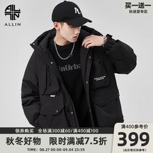 ALLIN 黑色连帽羽绒服男冬季灰鸭绒美式潮牌加厚保暖情侣工装外套