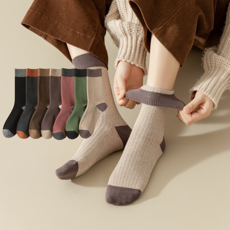 新疆长绒棉袜子女秋冬季撞色百搭中筒袜双针棉袜春秋款加厚中长袜