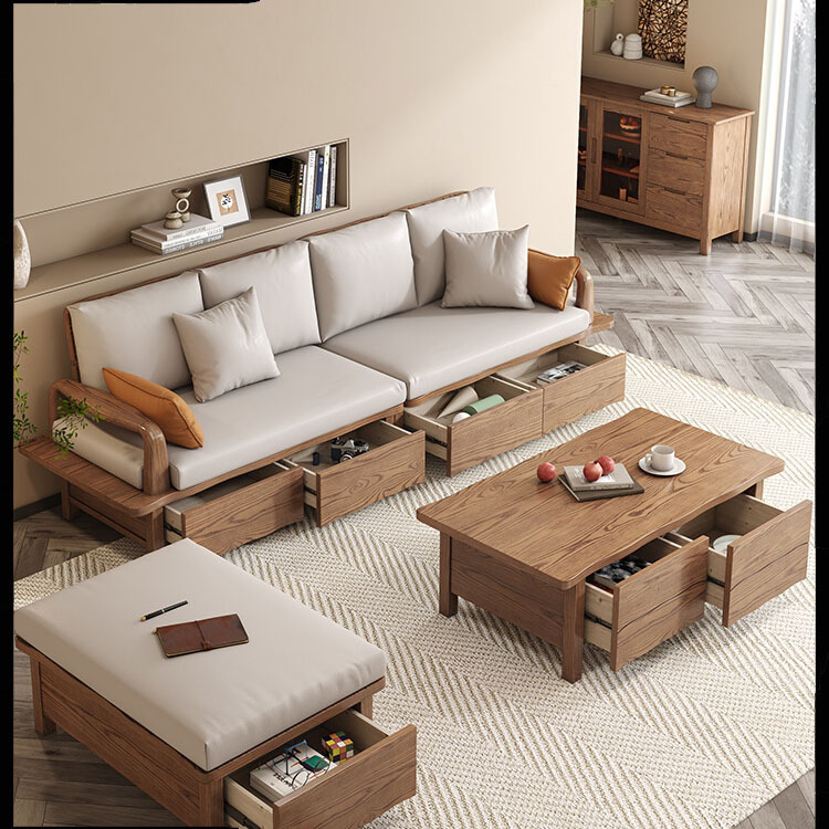 日式大板储物沙发抽屉沙发北欧现代简约白蜡木实木沙发冬夏两用
