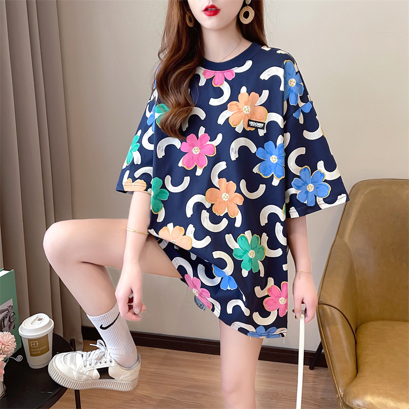 Colorful Flower Short-Sleeved T-shirt for Women Summer New Mid-Length round Neck Design Sense Trendy Half Sleeve Top Clothes Ins Fashion