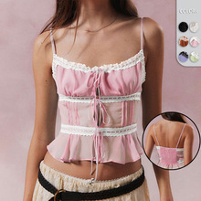 欧美夏季辣妹y2k衣服绑带褶皱网布撞色上衣纯欲蕾丝设计感bm吊带