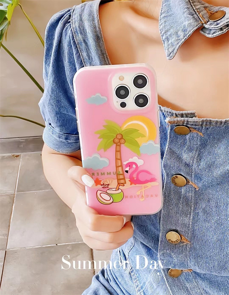 苹果14pro夏日粉色椰树13手机壳iphone13pro max全包11硬壳适用12