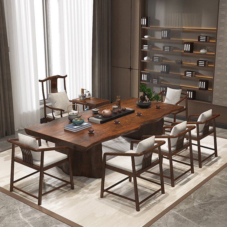 中式古典实木大板桌家用客厅接待泡茶桌椅组合整板办公室3米茶台