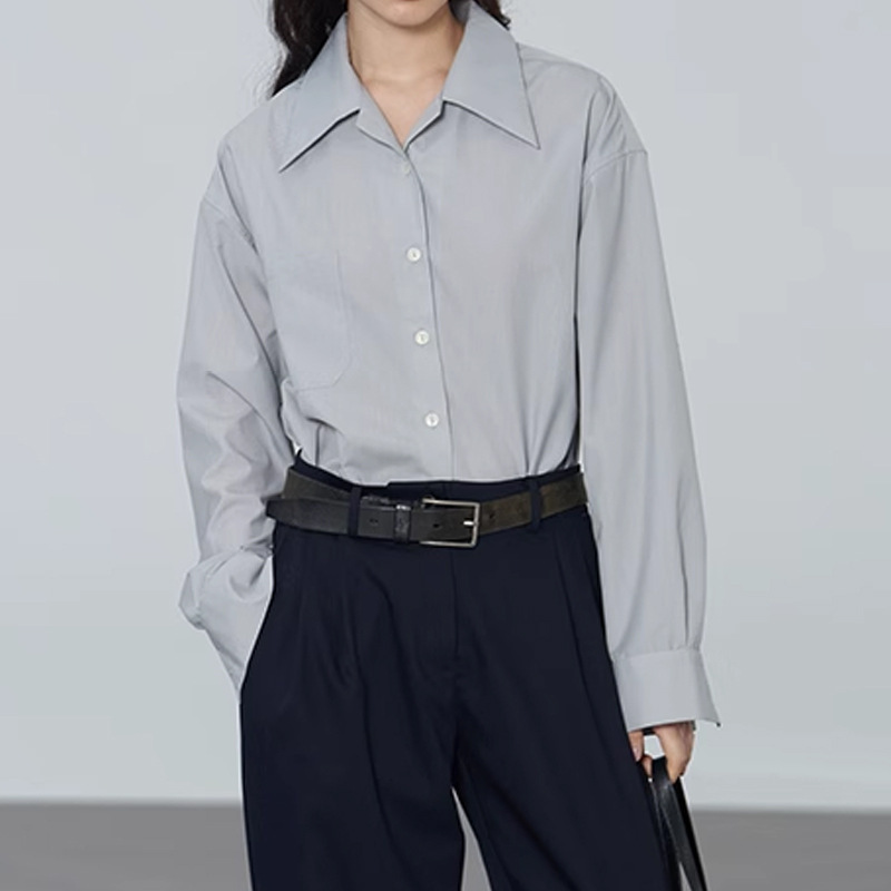 尖领长袖衬衣法式复古中性古巴领休闲通勤衬衫简约百搭宽松上衣女