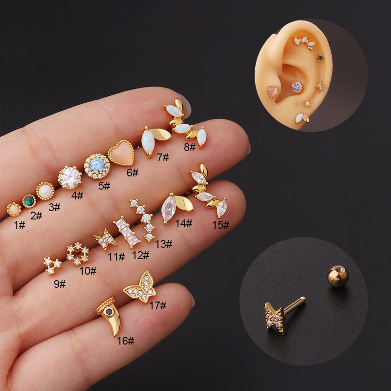 16G Titanium Steel Thick Pen Opal Stud Earrings Korean Popular Trendy Zircon Ear Bone Stud Piercing Earrings