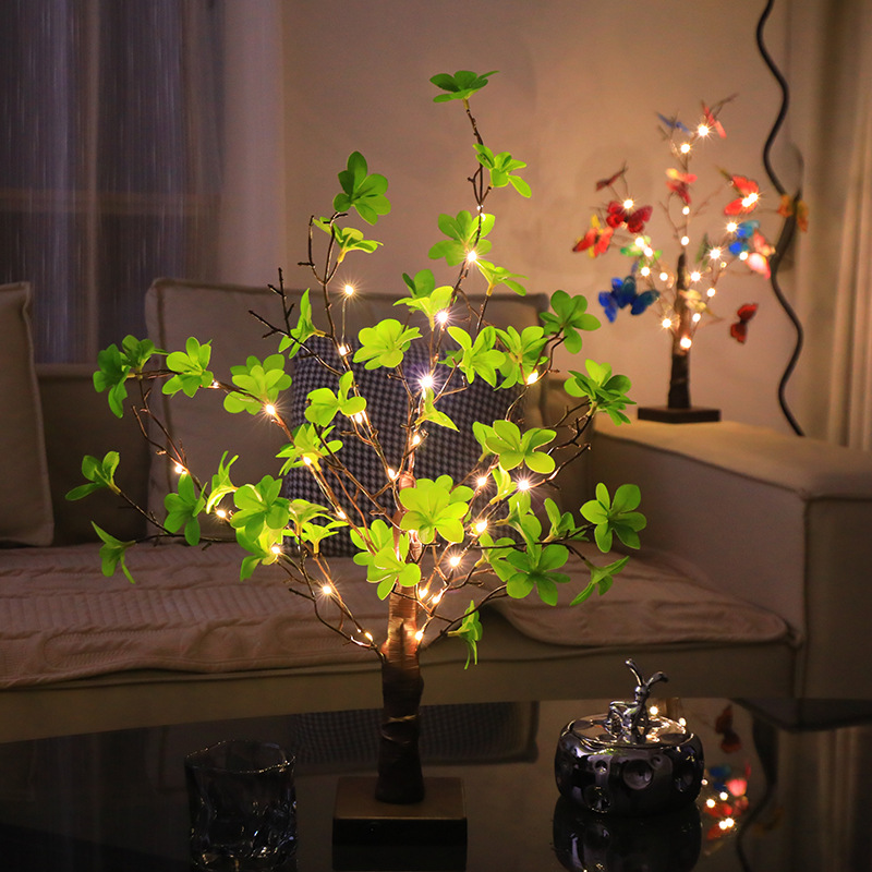 New Cross-Border 2024led Simulation Deadwood Butterfly Clock Hanging Leaf Green Festival Atmosphere Background Luminous Small Tree Light