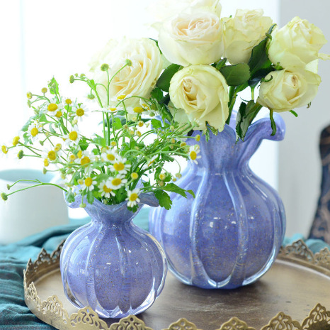 家居饰品宝石蓝撞色樱花粉鎏金花蝴蝶古典手工玻璃花器花瓶摆件