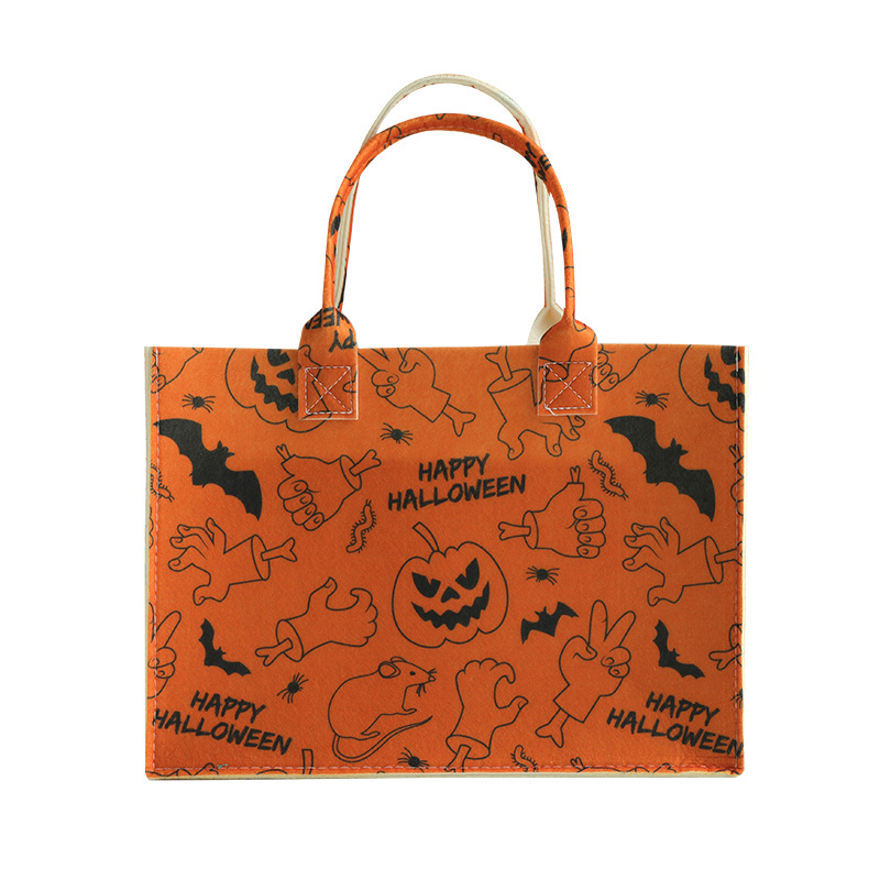 Halloween Felt Tote Bag All-Match Open Shoulder Bag Large-Capacity Shopping Handbag Painted Pumpkin Felt Bag