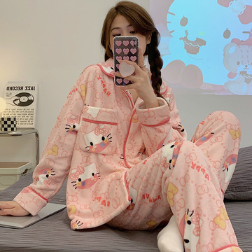 秋冬季法兰绒女士睡衣卡通甜美加厚保暖舒适开衫翻领长袖裤家居服