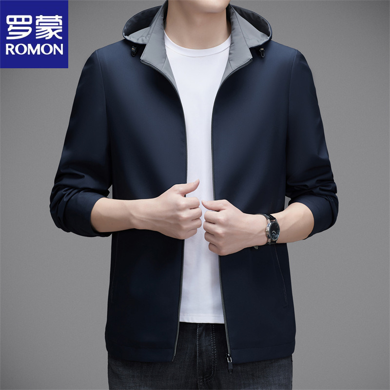 罗蒙长袖春季商务绅士可脱卸帽男装夹克中青年纯色基础款外套