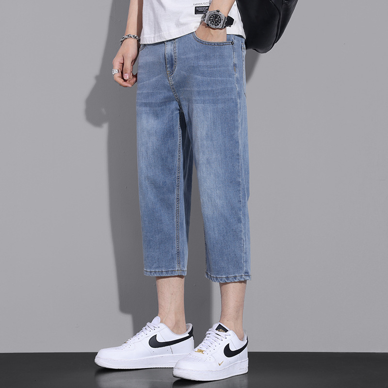 浅蓝色牛仔七分裤男士潮牌柔软潮牌弹力休闲中裤宽松直筒七分裤男