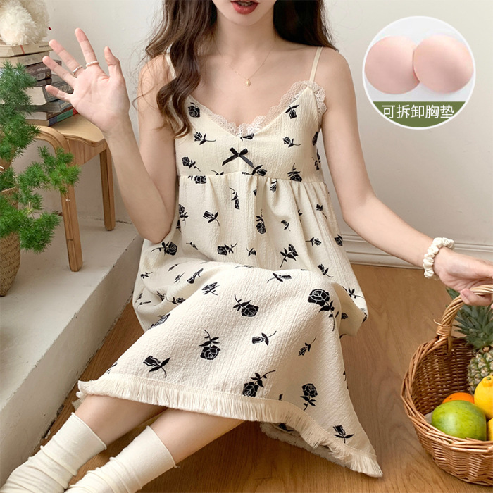 Online Live Summer Bubble Cotton Slip Nightdress Women's Sweet Outer Wear with Chest Pad Home Wear Cross-Border Wholesale