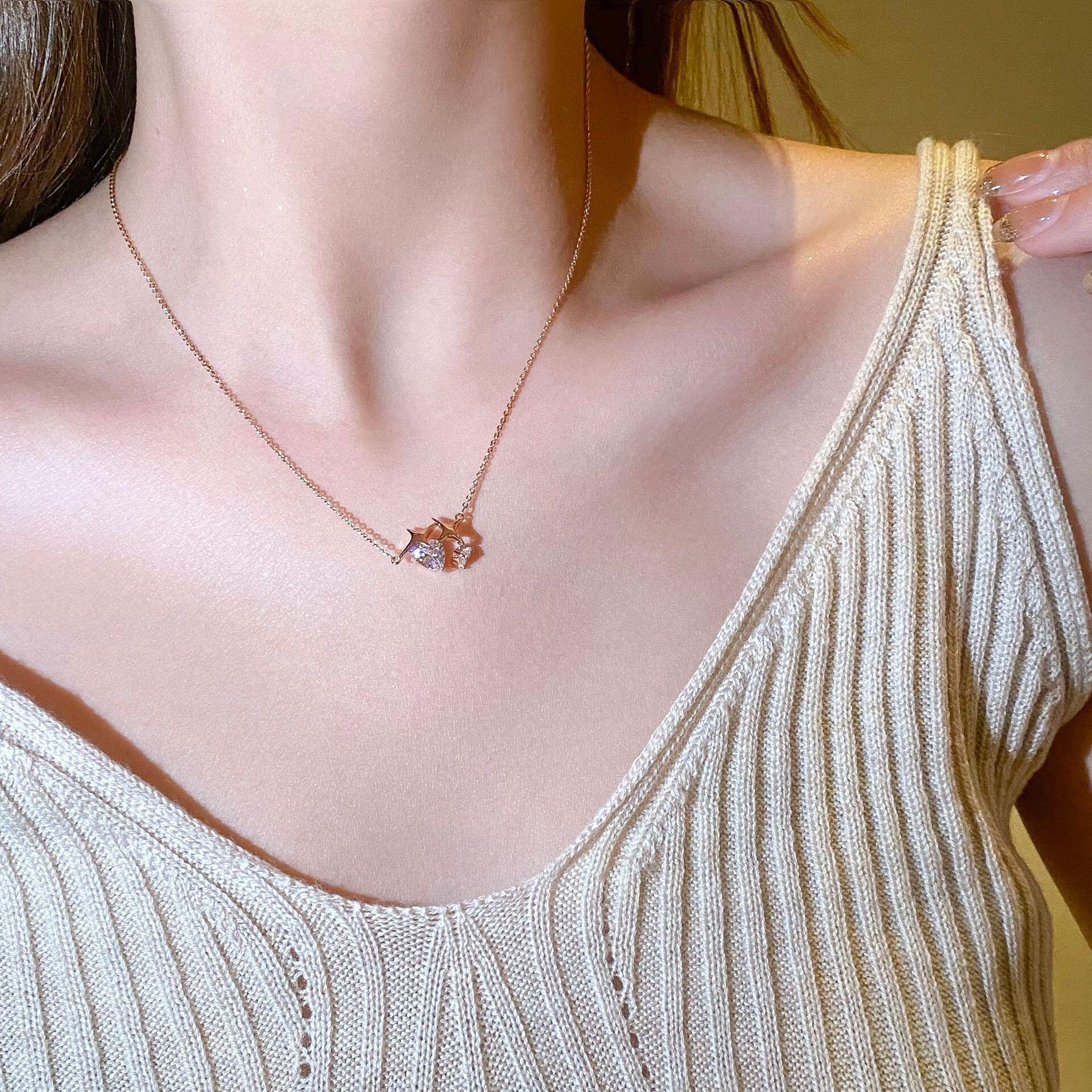 春夏新款仙气唯美吊坠小众设计感四角星锆石锁骨链个性新潮项链女