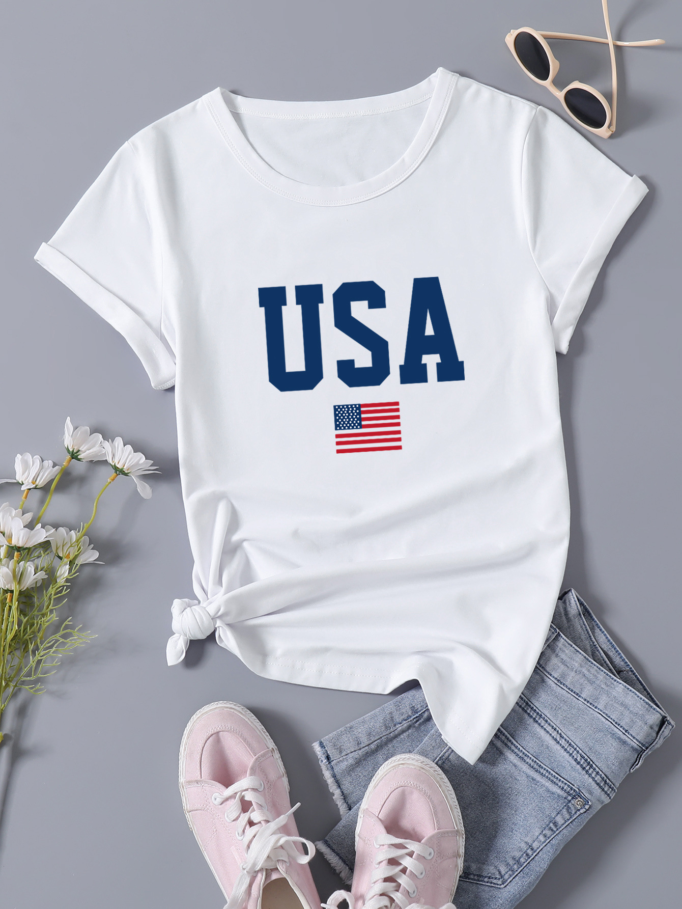 亚马逊eaby 热卖t恤都市休闲风 usa字母美国国旗印花短袖t恤