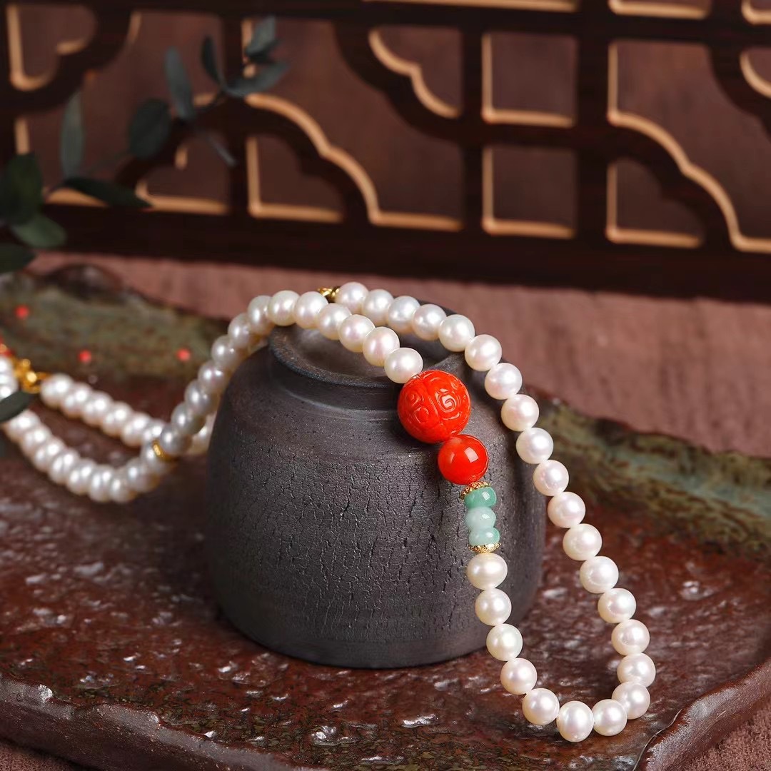 Natural Pearl Necklace Set about 6 ~ 7mm Strong Light Slightly Flaw Nine Mouth Material South Red Back Grain Bead New Chinese Sweater Chain