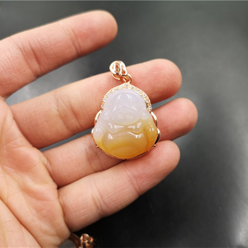 玛瑙巷 925彩银镶嵌俏黄色玉髓玛瑙弥勒佛吊坠 大肚佛挂件 玉坠
