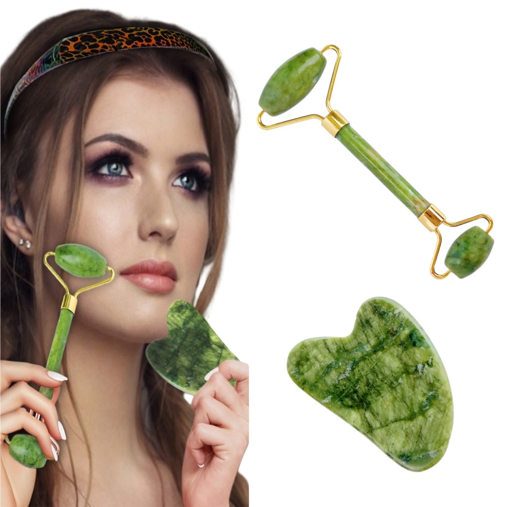 亚马逊热销心形面部眼部美容按摩刮痧板天然玉石双头滚轮按摩器