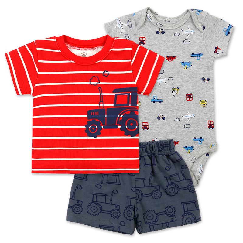 Cross-Border Hot Selling Spring and Summer Baby Suit Infant Toddler Short T Short Ha Shorts 3-Piece Set Wholesale Multiple Colors