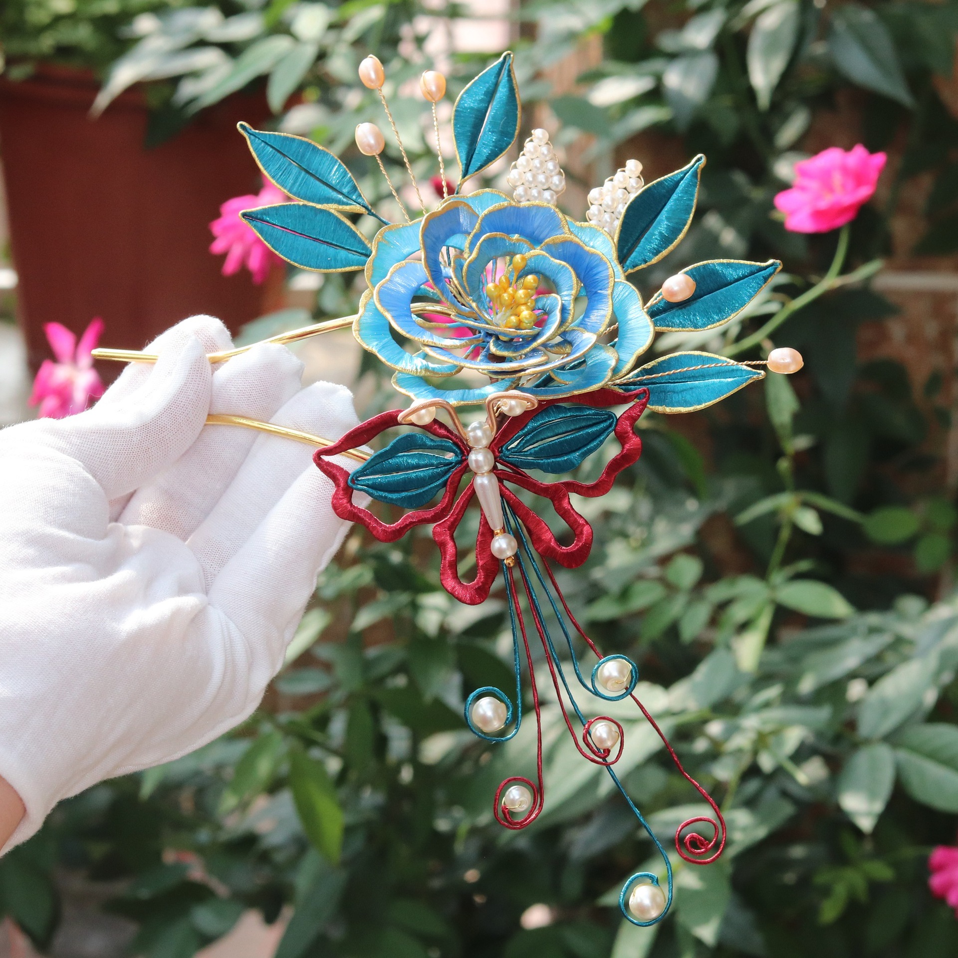 描金边牡丹花缠花明制汉服头饰发冠旗袍发饰成品蝴蝶凤尾蝶发钗