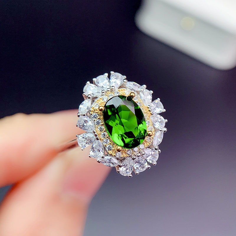 新款超闪奢华祖母绿开口戒指 欧美双色璀璨满钻订婚彩宝女戒手饰