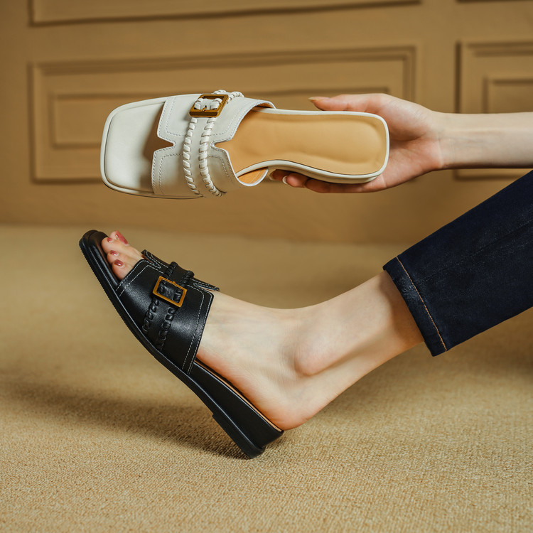 春夏头层牛皮皮拖女露趾编织金属扣沙滩平底一字拖女凉拖鞋森系