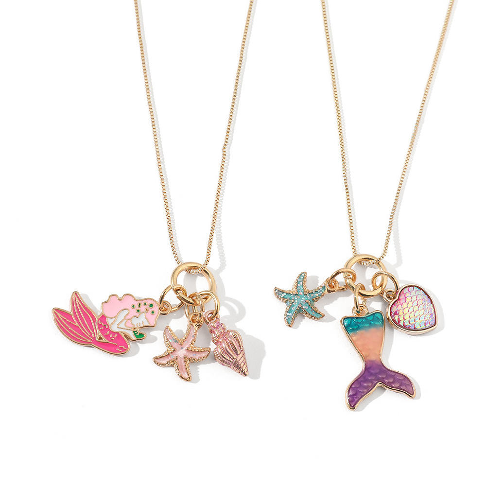 2022新款合金珐琅美人鱼项链女贝壳爱心流苏吊坠卡通儿童项链批发