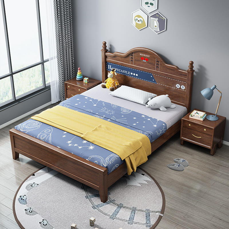 美式实木儿童床胡桃木新中式小户型儿童房小学生男孩单人床经济型