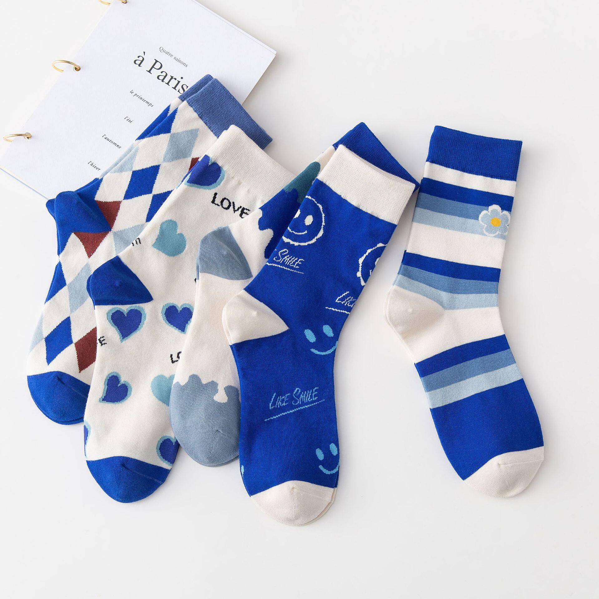 秋冬季韩国克莱因蓝袜女长袜子女ins蓝色高帮袜棉中筒袜男潮运动