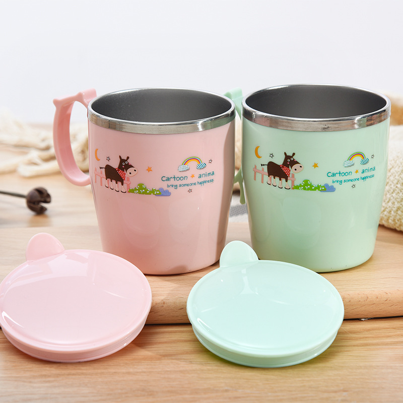 304 Stainless Steel Children‘s Water Cup Cartoon Creative Cup with Lid and Handle Double-Layer Heat Insulation Baby Learns to Drink