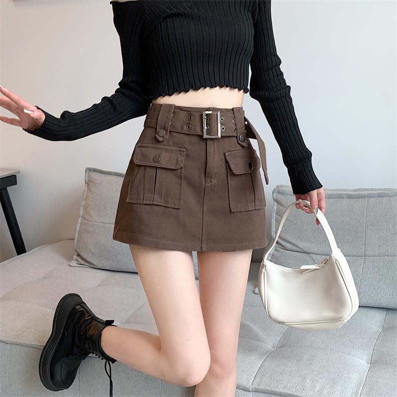 Suit Skirt A- Line Skirt Coffee Denim Skirt 2022 Autumn Women's High Waist Anti-Exposure Sheath Short Pantskirt