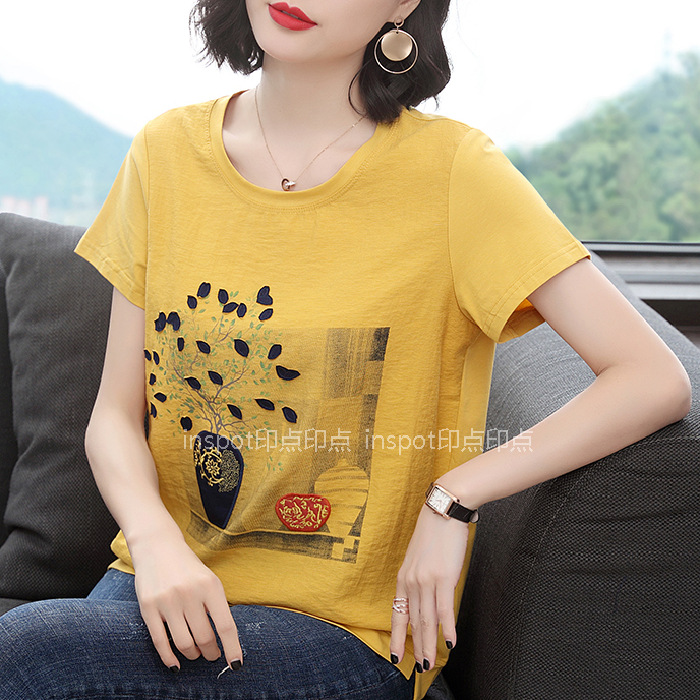 Women's Cotton Short-Sleeved T-shirt 2023 Summer New Women's Large Size White Belly-Covering Printed Middle-Aged Mom Wear