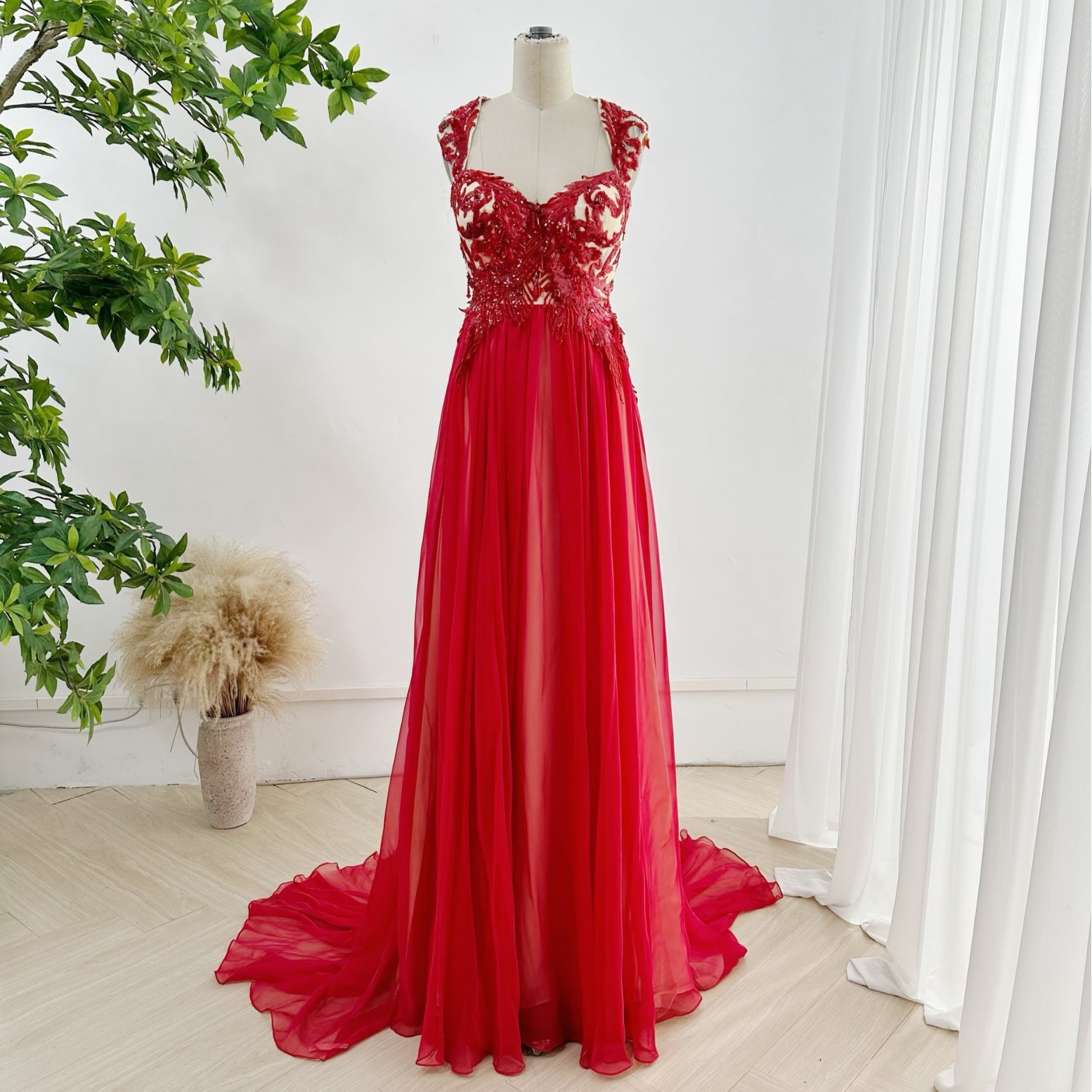 红色性感v字领包肩敬酒服端庄大气结婚宴小拖尾晚礼服裙女m2919