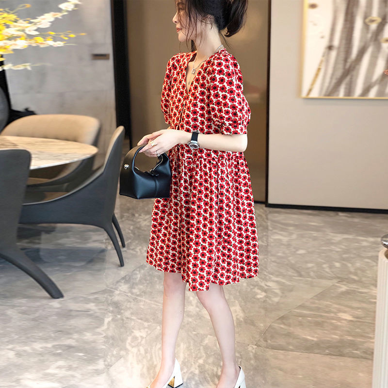 Western Style Youthful-Looking Floral Dress Women's Summer Red New Style Puff Sleeve Graceful Collar-Word Skirt Women's Fashion