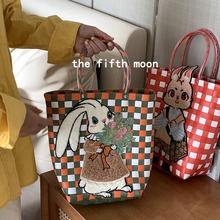 小红书同款手提包学生可爱卡通编织包少女兔子刺绣贴动漫菜篮子包