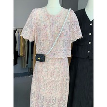 夏季粉色短袖小衫+半身裙两件套女2024新款时尚小香风蕾丝套装裙