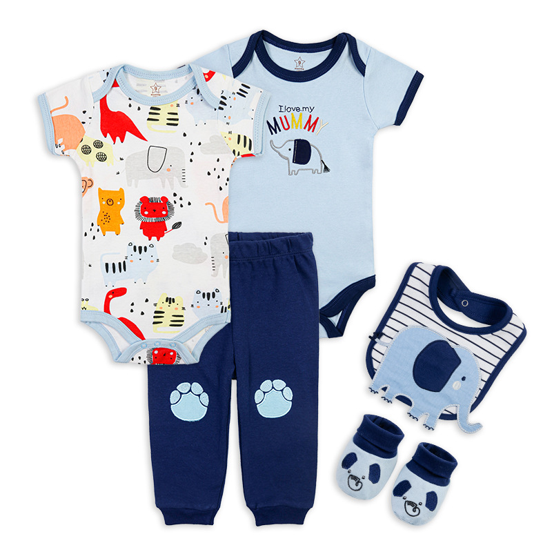 Foreign Trade Factory Wholesale Baby Boy and Baby Girl Clothes Short Ha Trousers Saliva Towel Shoes Five-Piece Suit Cotton Baby Clothes