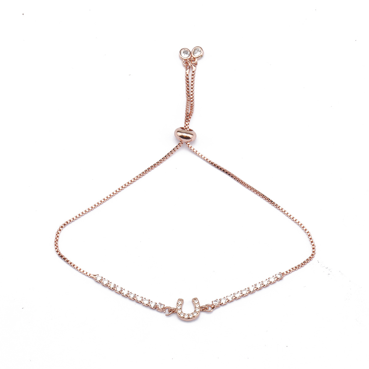 欧美流行铜镶锆玫瑰金马蹄铁手链女 u形字母手饰抽拉编绳手串礼物