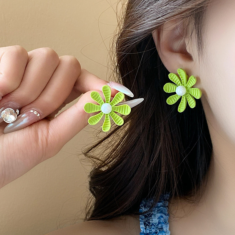 Silver Needle Fresh Green Resin Geometric Beads Flower Letter Ear Studs Trendy Earrings All-Match Commute Earrings