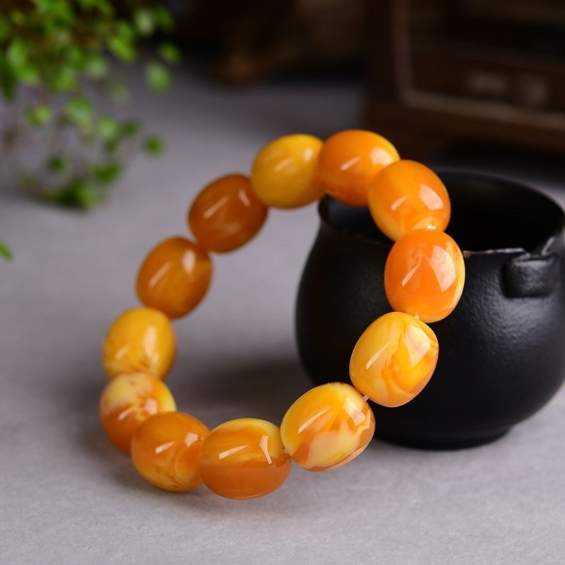 正品老蜜蜡手串男款鸡油黄单圈手链佛珠手串男女款情侣手链桶珠