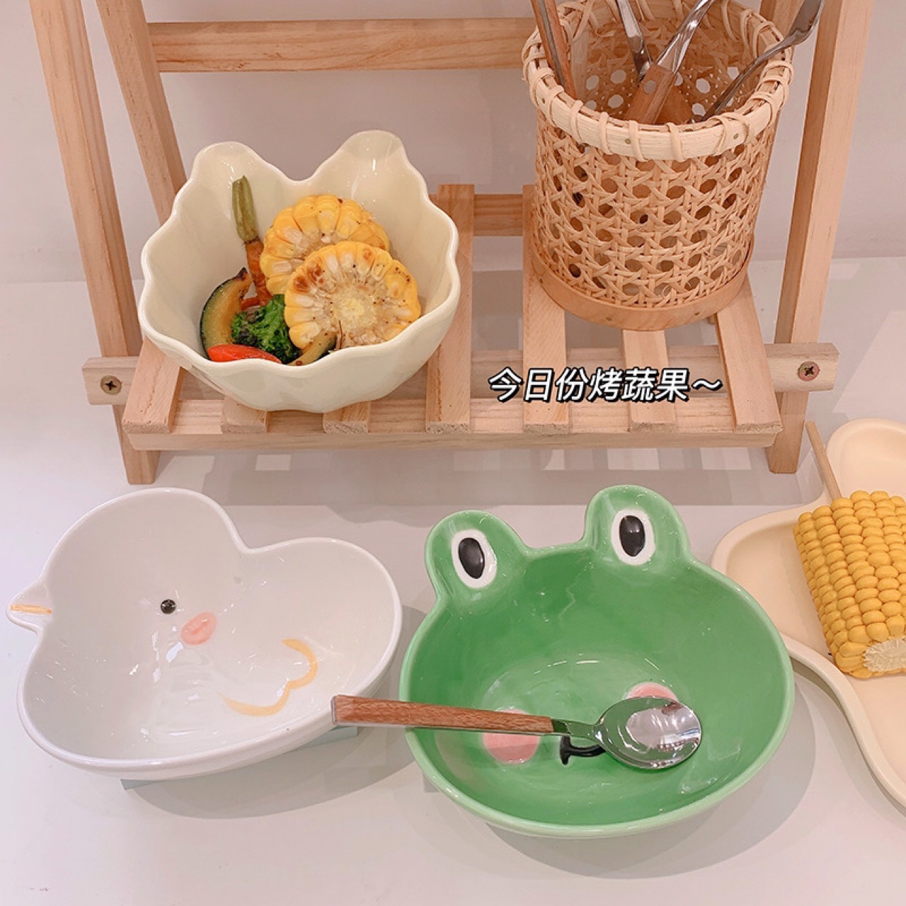 Frog Duck Rabbit Bowl Ceramic Tableware Home Cartoon Children's Large Capacity Japanese Food Cute Ins Pet Bowl